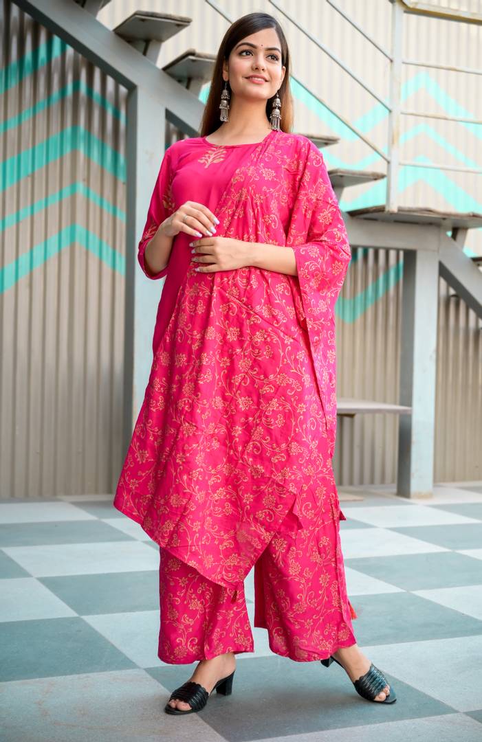 Stylish Rayon Pink Printed Kurta With Palazzo And Dupatta Set